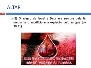 ALTAR
32
 (2) O acesso de Israel a Deus era sempre pela fé,
mediante o sacrifício e a expiação pelo sangue (vv.
30,31).
 