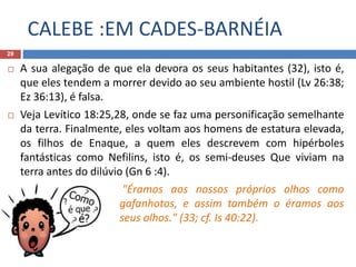 CALEBE :EM CADES-BARNÉIA
29
 A sua alegação de que ela devora os seus habitantes (32), isto é,
que eles tendem a morrer devido ao seu ambiente hostil (Lv 26:38;
Ez 36:13), é falsa.
 Veja Levítico 18:25,28, onde se faz uma personificação semelhante
da terra. Finalmente, eles voltam aos homens de estatura elevada,
os filhos de Enaque, a quem eles descrevem com hipérboles
fantásticas como Nefilins, isto é, os semi-deuses Que viviam na
terra antes do dilúvio (Gn 6 :4).
 "Éramos aos nossos próprios olhos como
gafanhotos, e assim também o éramos aos
seus olhos." (33; cf. Is 40:22).
 