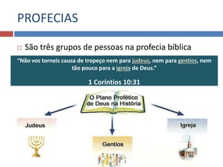  São três grupos de pessoas na profecia bíblica
“Não vos torneis causa de tropeço nem para judeus, nem para gentios, nem
tão pouco para a igreja de Deus.”
1 Coríntios 10:31
PROFECIAS
 