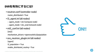 © Copyright 2014 Hewlett-Packard Development Company, L.P. The information contained herein is subject to change without notice. 
DVRを有効にするには? 
•neutron.conf(controller node) 
router_distributed= True 
•l3_agent.ini (all nodes) 
–agent_mode= dvr(compute node) 
–agent_mode= dvr_snat(network node) 
•ml2_conf.ini (all nodes) 
[ml2] 
mechanism_drivers=openvswitch,l2population 
•ovs_neutron_plugin.ini (all nodes) 
[agent] 
l2_population = True 
enable_distributed_routing= True 
ON!!  