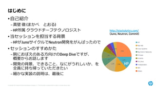 © Copyright 2014 Hewlett-Packard Development Company, L.P. The information contained herein is subject to change without notice. 
はじめに 
•自己紹介 
–真壁徹(まかべとおる) 
–HP所属クラウドチーフテクノロジスト 
•当セッションを担当する背景 
–HPがJunoサイクルでNeutron開発をがんばったので 
•セッションのすすめかた 
–腕におぼえのある方向けのDeep Diveですが、 概要からお話します 
–開発の背景、できること、なにがうれしいか、を 全員に持ち帰っていただきたい 
–細かな実装の説明は、最後に 
http://stackalytics.com/ 
(Juno, Neutron, Commit) 
HP  