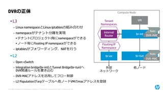© Copyright 2014 Hewlett-Packard Development Company, L.P. The information contained herein is subject to change without notice. 
Compute Node 
DVRの正体 
•L3 
–Linux namespaceとLinux iptablesの組み合わせ 
–namespaceがテナント分離を実現 
•テナント(プロジェクト)毎にnamespaceができる 
•ノード毎にFloating IP namespaceができる 
–iptablesがフォワーディング、NATを行う 
•L2 
–Open vSwitch 
–Integration bridge(br-int)とTunnel Bridge(br-tun)へ DVR関連ルールを書き込む 
–DVR-MACアドレスを活用してフロー制御 
–L2 Populationがarpテーブルへ他ノードVMのmacアドレスを登録 
br-int 
br-tun 
VM 
InternalRouter 
他ノード 
br-ex 
外部 ネットワーク 
Floating IPNamespace 
Tenant Namespaces 
Rules 
Rules 
DVR-MAC 
DVR-MAC  