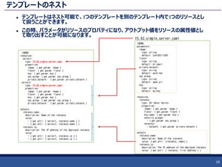 テンプレートのネスト
 テンプレートはネスト可能で、1つのテンプレートを別のテンプレート内で1つのリソースとし
て扱うことができます。
 この時、パラメータがリソースのプロパティになり、アウトプット値をリソースの属性値とし
て取り出すことが可能になります。
29
（省略）
resources:
server1:
type: 15_02_simple_server.yaml
properties:
image: { get_param: image }
flavor: { get_param: flavor }
key: { get_param: key }
sec_group: { get_param: sec_group }
private_network: { get_param: private_network }
server2:
type: 15_02_simple_server.yaml
properties:
image: { get_param: image }
flavor: { get_param: flavor }
key: { get_param: key }
sec_group: { get_param: sec_group }
private_network: { get_param: private_network }
outputs:
instance_name:
description: Name of the instance
value:
- { get_attr: [ server1, instance_name ] }
- { get_attr: [ server2, instance_name ] }
instance_ip:
description: The IP address of the deployed instance
value:
- { get_attr: [ server1, instance_ip ] }
- { get_attr: [ server2, instance_ip ] }
(省略)
parameters:
image:
type: string
default: CentOS7-1509
flavor:
type: string
default: m1.small
private_network:
type: string
default: work-net
sec_group:
type: string
default: open_all
key:
type: string
default: my-key
resources:
instance:
type: OS::Nova::Server
properties:
image: { get_param: image }
flavor: { get_param: flavor }
key_name: { get_param: key }
security_groups:
- { get_param: sec_group }
networks:
- network: { get_param: private_network }
outputs:
instance_name:
description: Name of the instance
value: { get_attr: [instance, name] }
instance_ip:
description: The IP address of the deployed instance
value: { get_attr: [ instance, first_address ] }
15_02_simple_server.yaml
 