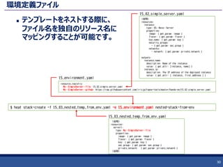 環境定義ファイル
 テンプレートをネストする際に、
ファイル名を独自のリソース名に
マッピングすることが可能です。
30
resource_registry:
My::SimpleServer::file: 15_02_simple_server.yaml
My::SimpleServer::github: https://raw.githubusercontent.com/irixjp/topse-tools/master/hands-on/15_02_simple_server.yaml
15_environment.yaml
$ heat stack-create -f 15_03_nested_temp_from_env.yaml -e 15_environment.yaml nested-stack-from-env
(省略)
resources:
instance:
type: OS::Nova::Server
properties:
image: { get_param: image }
flavor: { get_param: flavor }
key_name: { get_param: key }
security_groups:
- { get_param: sec_group }
networks:
- network: { get_param: private_network }
outputs:
instance_name:
description: Name of the instance
value: { get_attr: [instance, name] }
instance_ip:
description: The IP address of the deployed instance
value: { get_attr: [ instance, first_address ] }
15_02_simple_server.yaml
（省略）
resources:
server1:
type: My::SimpleServer::file
properties:
image: { get_param: image }
flavor: { get_param: flavor }
key: { get_param: key }
sec_group: { get_param: sec_group }
private_network: { get_param: private_network }
（省略）
15_03_nested_temp_from_env.yaml
 