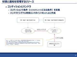 状態と通知を管理するリソース
 コンディションとハンドラ
 コンディションで条件（COMPLETEになる条件）を定義
 ハンドラでシグナル受信エンドポイントをAPI上に作成
33
OS::Heat::WaitCondition OS::Heat::WaitConditionHandle
シグナル受信エンド
ポイント
（Heat API上）
COMPLELTE条件
・タイムアウト値
・受信シグナル数
VM内のスクリプト
等
カウントアップ
シグナル送信
curl -i -X POST -H 'X-Auth-Token: 29e480500b9d410489ead0c87c139ce7' -H 'Content-
Type: application/json' -H 'Accept: application/json'
http://172.16.199.10:8004/v1/f2e4de4318144cc5b7129a2dc5b28bf0/stacks/software-
config/53494408-612c-4eb7-a753-15630836c30f/resources/wait_handle/signal --data-
binary '{"status": "SUCCESS"}'
 