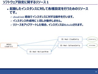 ソフトウェア設定に関するリソース１
 起動したインスタンスに対して各種設定を行うためのリソース
です。
 cloud-init 経由でインスタンスに対する操作を行います。
 インスタンス作成時に１回しか動作しません。
 リソースをアップデートした場合、インスタンスはRebuildされます。
35
OS::Heat::CloudConfig
VM内の
cloud-init
OS::Heat::SoftwareConfig
OS::Heat::MultipartMime
#cloud-config
#!/bin/bash
 