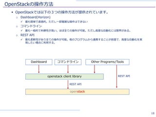 OpenStackの操作⽅法
§ OpenStackでは以下の３つの操作⽅法が提供されています。
o Dashboard(Horizon)
ü 最も簡単で直感的。ただし⼀部複雑な操作はできない
o コマンドライン
ü 最も⼀般的で利便性が⾼い。ほぼ全ての操作が可能。ただし⾼度な⾃動化には限界がある。
o REST API
ü 最も柔軟性があり全ての操作が可能。他のプログラムから連携することが前提で、⾼度な⾃動化を実
現したい場合に利⽤する。
18
openstack
openstack client library
Dashboard コマンドライン Other Programs/Tools
REST API
REST API
 