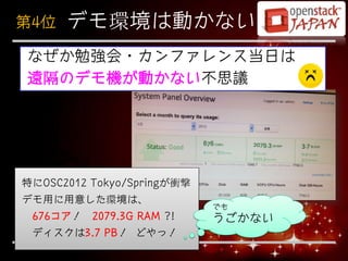 第4位   デモ環境は動かない
なぜか勉強会・カンファレンス当日は
遠隔のデモ機が動かない不思議




特にOSC2012 Tokyo/Springが衝撃
デモ用に用意した環境は、
                            でも
 676コア！ 2079.3G RAM ?!      うごかない
 ディスクは3.7 PB！ どやっ！
 