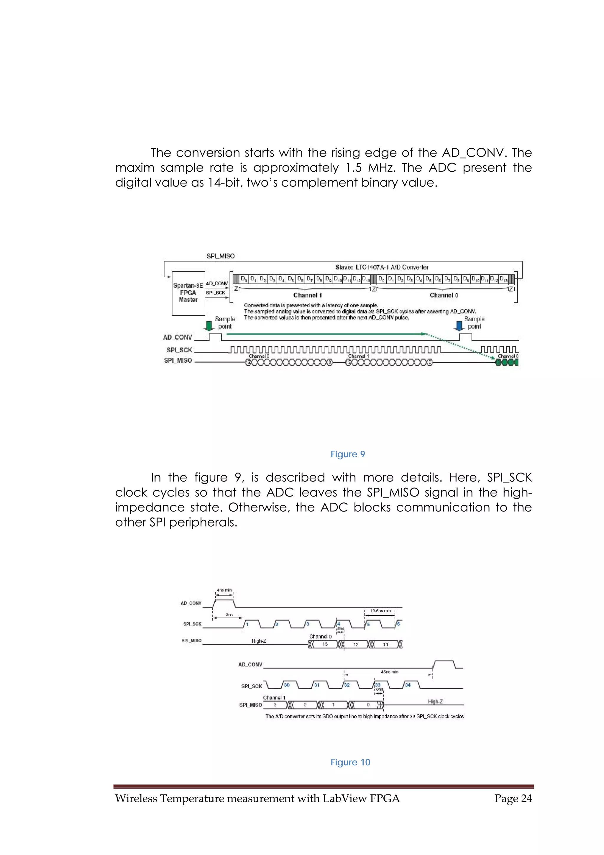 Wireless Temperature measurement with LabView FPGA  Page 24 
The conversion starts with the rising edge of the AD_CONV. The
maxim sample rate is approximately 1.5 MHz. The ADC present the
digital value as 14-bit, two’s complement binary value.
Figure 9
In the figure 9, is described with more details. Here, SPI_SCK
clock cycles so that the ADC leaves the SPI_MISO signal in the high-
impedance state. Otherwise, the ADC blocks communication to the
other SPI peripherals.
Figure 10
 
