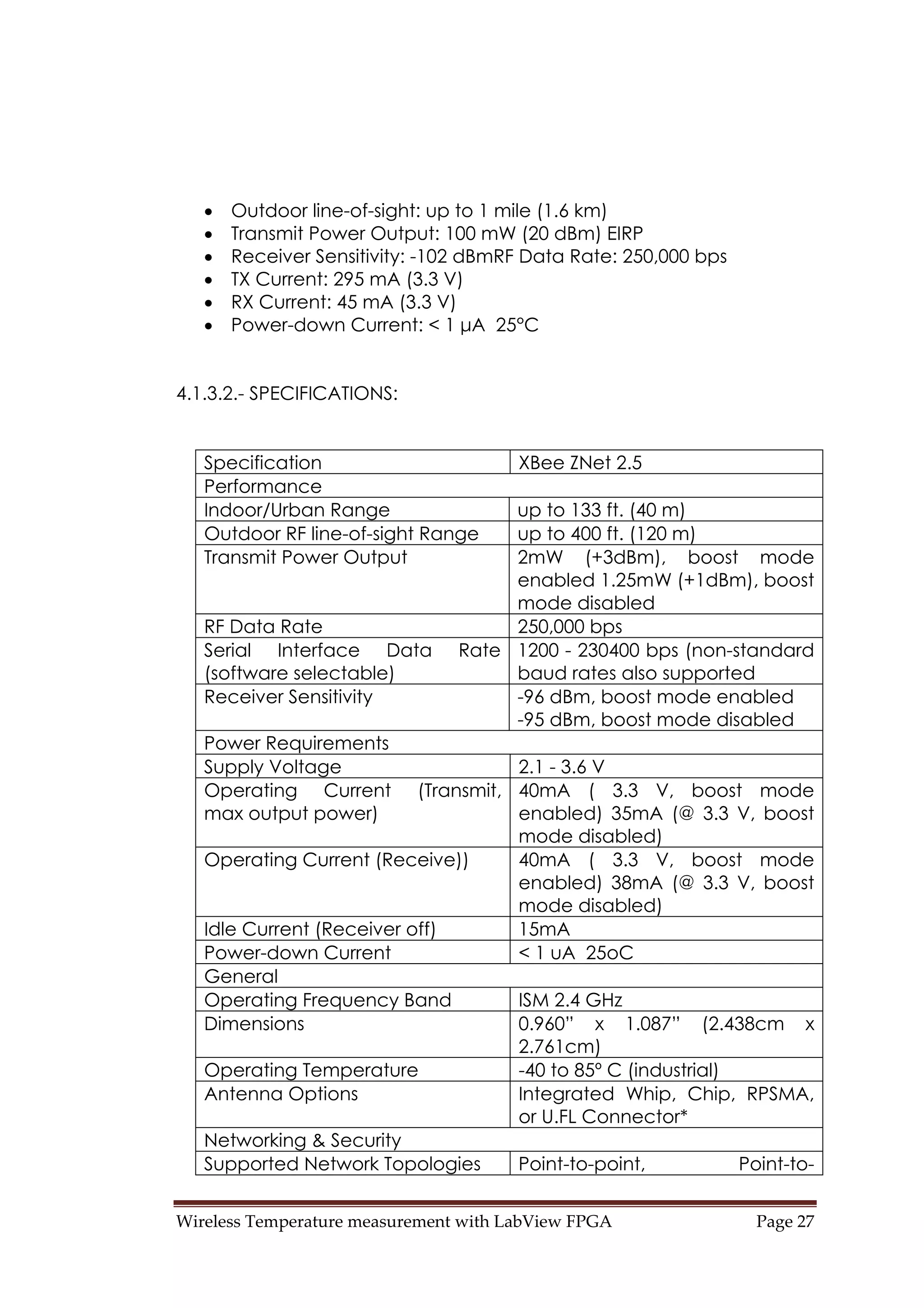 Wireless Temperature measurement with LabView FPGA  Page 27 
• Outdoor line-of-sight: up to 1 mile (1.6 km)
• Transmit Power Output: 100 mW (20 dBm) EIRP
• Receiver Sensitivity: -102 dBmRF Data Rate: 250,000 bps
• TX Current: 295 mA (3.3 V)
• RX Current: 45 mA (3.3 V)
• Power-down Current: < 1 μA 25°C
4.1.3.2.- SPECIFICATIONS:
Specification XBee ZNet 2.5
Performance
Indoor/Urban Range up to 133 ft. (40 m)
Outdoor RF line-of-sight Range up to 400 ft. (120 m)
Transmit Power Output 2mW (+3dBm), boost mode
enabled 1.25mW (+1dBm), boost
mode disabled
RF Data Rate 250,000 bps
Serial Interface Data Rate
(software selectable)
1200 - 230400 bps (non-standard
baud rates also supported
Receiver Sensitivity -96 dBm, boost mode enabled
-95 dBm, boost mode disabled
Power Requirements
Supply Voltage 2.1 - 3.6 V
Operating Current (Transmit,
max output power)
40mA ( 3.3 V, boost mode
enabled) 35mA (@ 3.3 V, boost
mode disabled)
Operating Current (Receive)) 40mA ( 3.3 V, boost mode
enabled) 38mA (@ 3.3 V, boost
mode disabled)
Idle Current (Receiver off) 15mA
Power-down Current < 1 uA 25oC
General
Operating Frequency Band ISM 2.4 GHz
Dimensions 0.960” x 1.087” (2.438cm x
2.761cm)
Operating Temperature -40 to 85º C (industrial)
Antenna Options Integrated Whip, Chip, RPSMA,
or U.FL Connector*
Networking & Security
Supported Network Topologies Point-to-point, Point-to-
 