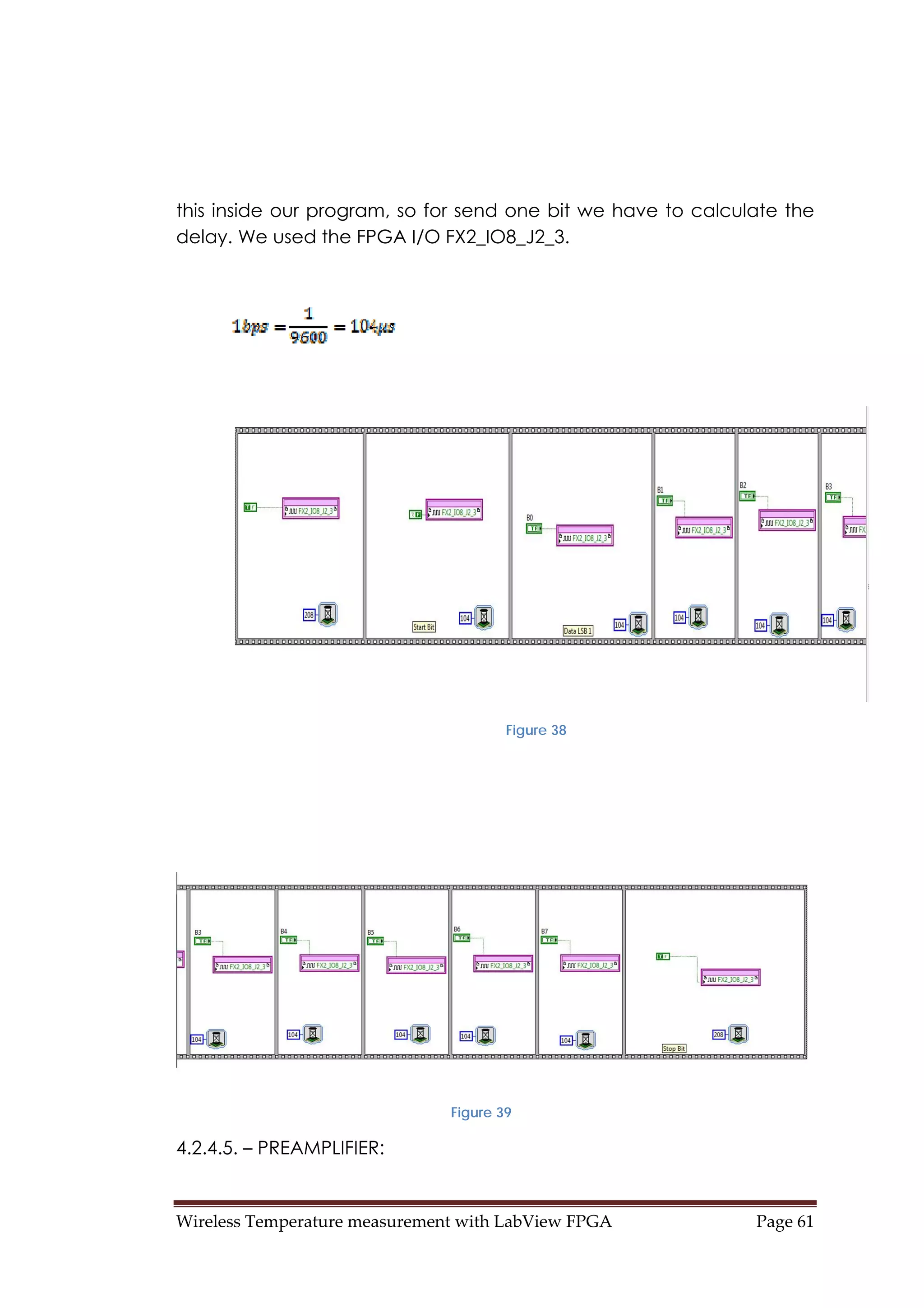 Wireless Temperature measurement with LabView FPGA  Page 61 
this inside our program, so for send one bit we have to calculate the
delay. We used the FPGA I/O FX2_IO8_J2_3.
Figure 38
Figure 39
4.2.4.5. – PREAMPLIFIER:
 