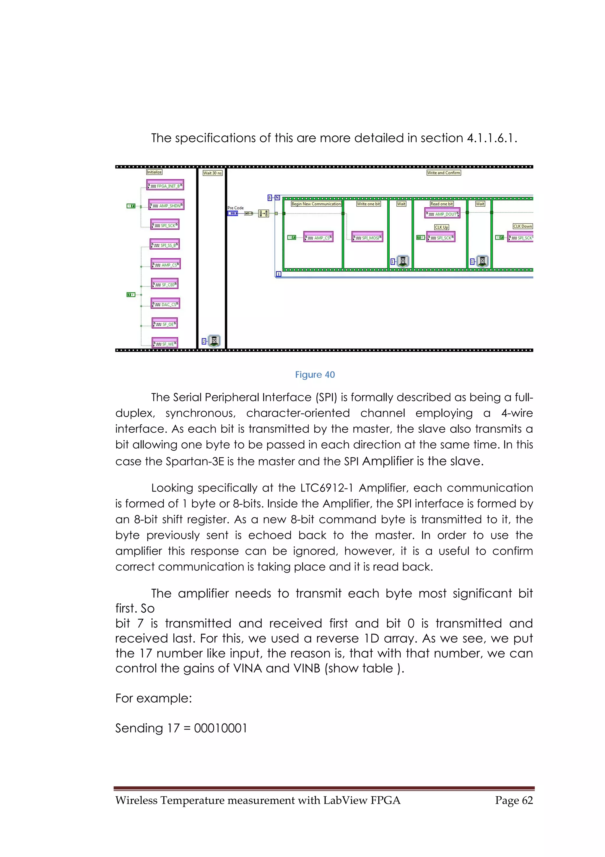 Wireless Temperature measurement with LabView FPGA  Page 62 
The specifications of this are more detailed in section 4.1.1.6.1.
Figure 40
The Serial Peripheral Interface (SPI) is formally described as being a full-
duplex, synchronous, character-oriented channel employing a 4-wire
interface. As each bit is transmitted by the master, the slave also transmits a
bit allowing one byte to be passed in each direction at the same time. In this
case the Spartan-3E is the master and the SPI Amplifier is the slave.
Looking specifically at the LTC6912-1 Amplifier, each communication
is formed of 1 byte or 8-bits. Inside the Amplifier, the SPI interface is formed by
an 8-bit shift register. As a new 8-bit command byte is transmitted to it, the
byte previously sent is echoed back to the master. In order to use the
amplifier this response can be ignored, however, it is a useful to confirm
correct communication is taking place and it is read back.
The amplifier needs to transmit each byte most significant bit
first. So
bit 7 is transmitted and received first and bit 0 is transmitted and
received last. For this, we used a reverse 1D array. As we see, we put
the 17 number like input, the reason is, that with that number, we can
control the gains of VINA and VINB (show table ).
For example:
Sending 17 = 00010001
 