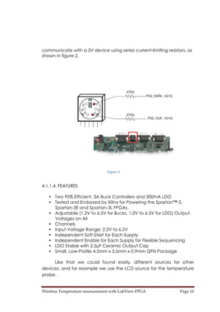 Wireless Temperature measurement with LabView FPGA  Page 10 
communicate with a 5V device using series current-limiting resistors, as
shown in figure 2.
Figure 2
4.1.1.4. FEATURES
• Two 95% Efficient, 3A Buck Controllers and 300mA LDO
• Tested and Endorsed by Xilinx for Powering the Spartan™-3,
Spartan-3E and Spartan-3L FPGAs.
• Adjustable (1.2V to 6.5V for Bucks, 1.0V to 6.5V for LDO) Output
Voltages on All
• Channels
• Input Voltage Range: 2.2V to 6.5V
• Independent Soft-Start for Each Supply
• Independent Enable for Each Supply for Flexible Sequencing
• LDO Stable with 2.2μF Ceramic Output Cap
• Small, Low-Profile 4.5mm x 3.5mm x 0.9mm QFN Package
Like that we could found easily, different sources for other
devices, and for example we use the LCD source for the temperature
probe.
 
