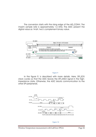 Wireless Temperature measurement with LabView FPGA  Page 24 
The conversion starts with the rising edge of the AD_CONV. The
maxim sample rate is approximately 1.5 MHz. The ADC present the
digital value as 14-bit, two’s complement binary value.
Figure 9
In the figure 9, is described with more details. Here, SPI_SCK
clock cycles so that the ADC leaves the SPI_MISO signal in the high-
impedance state. Otherwise, the ADC blocks communication to the
other SPI peripherals.
Figure 10
 