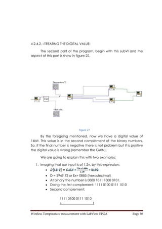 Wireless Temperature measurement with LabView FPGA  Page 50 
4.2.4.2. –TREATING THE DIGITAL VALUE:
The second part of the program, begin with this subVI and the
aspect of this part is show in figure 22.
Figure 27
By the foregoing mentioned, now we have a digital value of
14bit. This value is in the second complement of the binary numbers.
So, if the final number is negative there is not problem but if is positive
the digital value is wrong (remember the GAIN).
We are going to explain this with two examples:
1. Imaging that our input is of 1.2v, by this expression:
•
• D = 2949.12 or Ex= 0B85 (hexadecimal)
• At binary the number is 0000 1011 1000 0101.
• Doing the first complement: 1111 0100 0111 1010
• Second complement:
1111 0100 0111 1010
+ 1
 