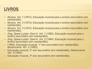 LIVROS
 Musica. Vol. 1 (1972). Educação musical para o ensino secundário (em
neerlandês).
 Musica. Vol. 2 (1973). Educação musical para o ensino secundário (em
neerlandês).
 Musica. Vol. 3 (1974). Educação musical para o ensino secundário (em
neerlandês).
 Zing, Speel,Luister. Deel A. Vol. 1 (1982). Educação musical para o
ensino secundário (em neerlandês).
 Zing, Speel,Luister. Deel A. Vol. 2 (1984). Educação musical para o
ensino secundário (em neerlandês).
 (1992). Educação musical, 1º ano secundário (em neerlandês).
Musicorama. Vol. 2 (1993).
 Educação musical, 2º ano secundário (em neerlandês). Musicorama.
Vol. 3 (1995).
 Educação musical, 3º ano secundário (em neerlandês).
 