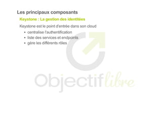Les principaux composants
Keystone : La gestion des identitées
Keystone est le point d'entrée dans son cloud
centralise l'authentification
liste des services et endpoints
gère les différents rôles
 