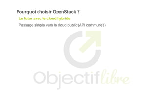 Pourquoi choisir OpenStack ?
Le futur avec le cloud hybride
Passage simple vers le cloud public (API communes)
 