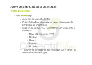 L'Offre Objectif Libre pour OpenStack
Packs prototypage
Pack starter (5j)
Audit des besoins et attentes
Présentation/Formation aux concepts et composants
principaux de OpenStack
Mise en place d'un PoC (sur matériel non fourni, max 3
serveurs)
Nova et 2 computes KVM
Neutron
Glance
Keystone
Horizon
Transfert de compétence sur l'utilisation (CLI/Python) et
automatisation via Puppet
 