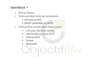 OpenStack ?
Écrit en Python
Communication entre les composants
API Rest et RPC
AMQP (RabbitMQ ou QPid)
KVM comme premier choix d'hyperviseur
LXC pour des tests rapides
Xen/XenServer (dont XCP)
VMware/ESX
Docker
Baremetal
...
 