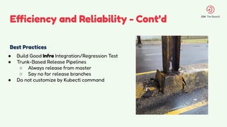 Efficiency and Reliability - Cont’d
Best Practices
● Build Good Infra Integration/Regression Test
● Trunk-Based Release Pipelines
○ Always release from master
○ Say no for release branches
● Do not customize by Kubectl command
 
