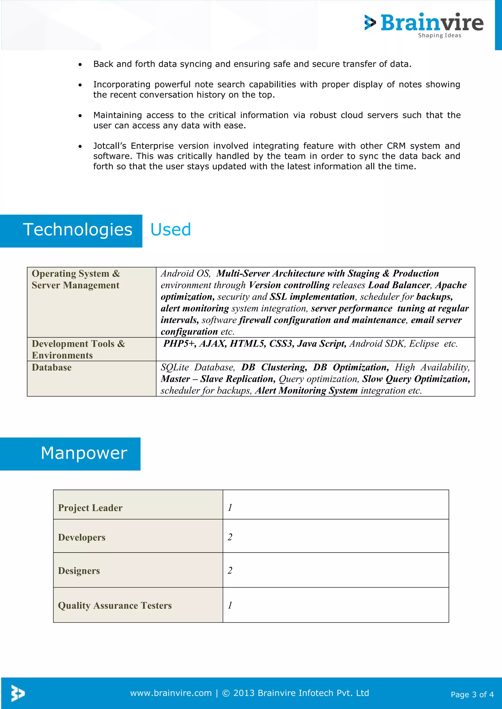 

Back and forth data syncing and ensuring safe and secure transfer of data.



Incorporating powerful note search capabilities with proper display of notes showing
the recent conversation history on the top.



Maintaining access to the critical information via robust cloud servers such that the
user can access any data with ease.



Jotcall’s Enterprise version involved integrating feature with other CRM system and
software. This was critically handled by the team in order to sync the data back and
forth so that the user stays updated with the latest information all the time.

Technologies
Operating System &
Server Management

Development Tools &
Environments
Database

Used
Android OS, Multi-Server Architecture with Staging & Production
environment through Version controlling releases Load Balancer, Apache
optimization, security and SSL implementation, scheduler for backups,
alert monitoring system integration, server performance tuning at regular
intervals, software firewall configuration and maintenance, email server
configuration etc.
PHP5+, AJAX, HTML5, CSS3, Java Script, Android SDK, Eclipse etc.
SQLite Database, DB Clustering, DB Optimization, High Availability,
Master – Slave Replication, Query optimization, Slow Query Optimization,
scheduler for backups, Alert Monitoring System integration etc.

Manpower
Project Leader

1

Developers

2

Designers

2

Quality Assurance Testers

1

www.brainvire.com | © 2013 Brainvire Infotech Pvt. Ltd

Page 3 of 4

 