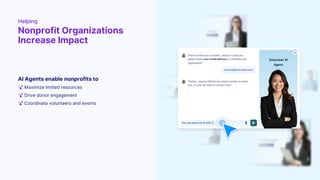 AI Agents enable nonprofits to
Maximize limited resources
Drive donor engagement
Coordinate volunteers and events
Helping
Nonprofit Organizations
Increase Impact
 