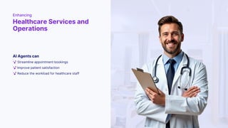 AI Agents can
Enhancing
Healthcare Services and
Operations
Streamline appointment bookings
Improve patient satisfaction
Reduce the workload for healthcare staff
 