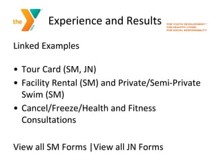 Experience and Results
Linked Examples
• Tour Card (SM, JN)
• Facility Rental (SM) and Private/Semi-Private
Swim (SM)
• Ca...