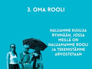 3. Oma rooli 
Haluamme kuulua
ryhmään, jossa
meillä on
haluamamme rooli
ja tekemistämme
arvostetaan
 
