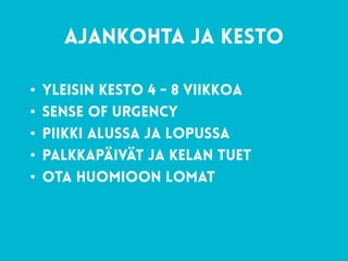 63
ajankohta ja kesto
• yleisin kesto 4 - 8 viikkoa
• sense of urgency
• piikki alussa ja lopussa
• palkkapäivät ja kelan tuet
• ota huomioon lomat
 