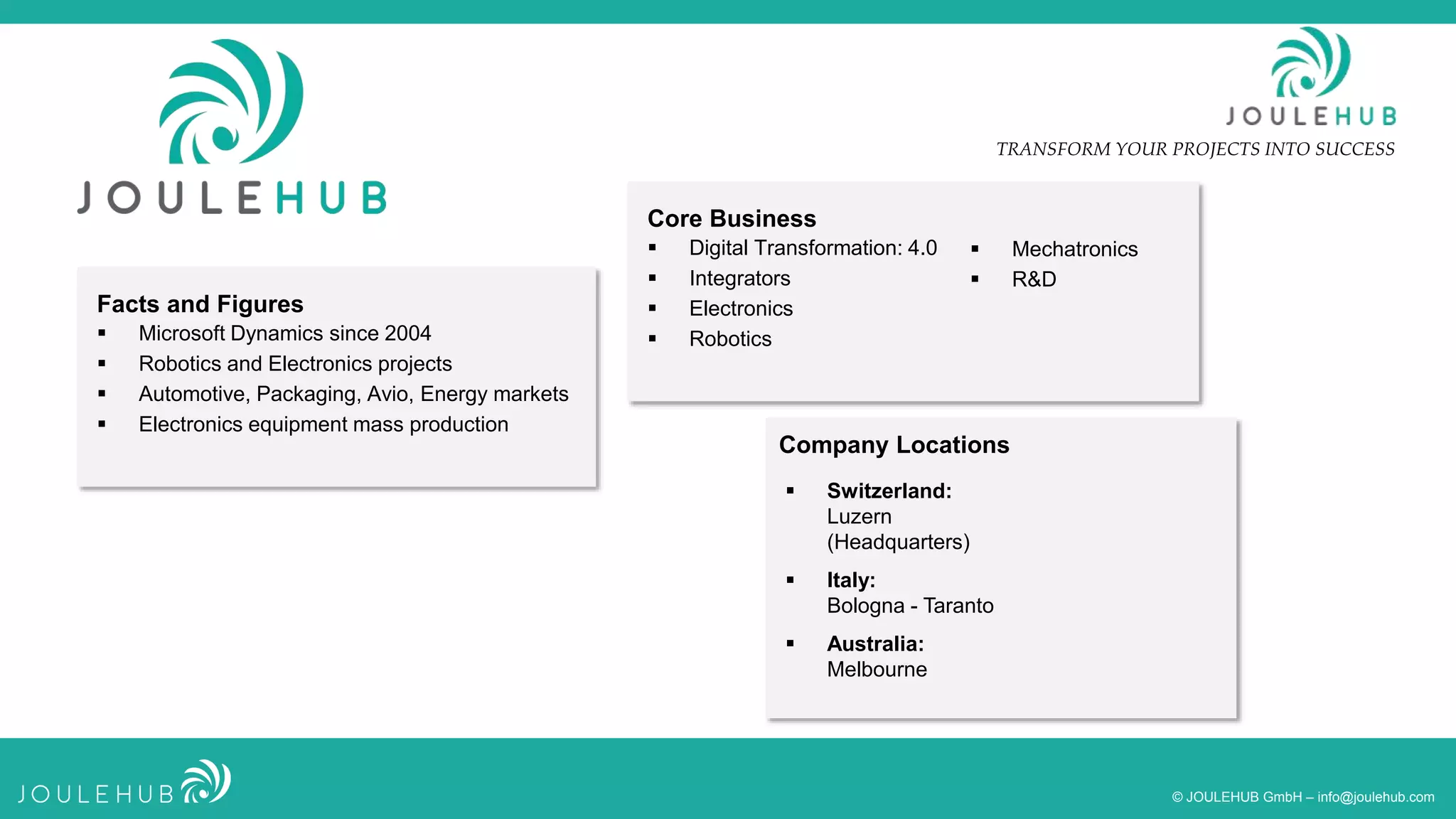 TRANSFORM YOUR PROJECTS INTO SUCCESS
© JOULEHUB GmbH – info@joulehub.com
Facts and Figures
 Microsoft Dynamics since 2004
 Robotics and Electronics projects
 Automotive, Packaging, Avio, Energy markets
 Electronics equipment mass production
 Switzerland:
Luzern
(Headquarters)
 Italy:
Bologna - Taranto
 Australia:
Melbourne
Company Locations
Core Business
 Digital Transformation: 4.0
 Integrators
 Electronics
 Robotics
 Mechatronics
 R&D
 