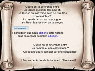 Il faut se dépêcher de boire avant d’être saoul !
Quelle est la différence entre
un Suisse qui parle tout seul et.
un Suisse qui converse avec deux autres
compatriotes ?
Le premier, c' est un monologue,
les Trois Suisses sont un catalogue
Il serait bien que nous éditions cette histoire
pour en réaliser de belles éditions.
Petit homographe
Quelle est la différence entre
un homme et une calculatrice ?
On peut toujours compter sur une calculatrice.
 