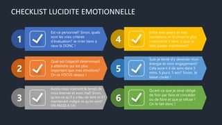 CHECKLIST LUCIDITE EMOTIONNELLE
1
2
3
4
5
6
Est-ce personnel? Sinon, quels
sont les vrais critères
d’évaluation? Je m’en tiens à
ceux là DONC !
Quel est l’objectif determinant
à atteindre qui est plus
important que mes émotions?
On se FOCUS dessus !
Avons-nous vraiment le temps de
nous énerver et avoir mal? Sinon,
qu’est-ce qu’il y a lieu de faire ici ET
maintenant malgré ce qu’on sent?
ON PASSE A CA!
Entre mes peurs et mes
hesitations et la chose la plus
importante à faire, à quoi je
dois passer maintenant?
Suis-je tenté d’y deverser mon
énergie et mon engagement?
Cela aura-t-il de sens dans 5
mins, 5 jours, 5 ans? Sinon, Je
laisse couler !
Qu’est-ce que je serai obligé
de finir par faire et concéder
ou de faire et que je refuse ?
On le fait donc !
 