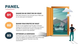 01
QUAND ON NE CROIT PAS EN VOUS?
Que faire lorsqu’on vous dit que vous n’êtes pas
ou ne serez pas à la hauteur?
02
QUAND VOUS DOUTEZ DE VOUS?
Qu’est-ce qui explique que les gens n’ont pas
toujours la confiance qu’ils vont être à la hauteur
des défis et passent leur temps à trembler et
tergiverser quand il faut décider?
03
OPTIMISER LA CONFIANCE
Comment vous avez réussi à gagner confiance en
vous et à obtenir la confiance de votre entourage
et de vos dirigeants? Qu’avez-vous fait
exactement?
PANEL
 