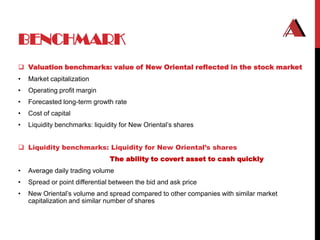 BENCHMARK
 Valuation benchmarks: value of New Oriental reflected in the stock market
•   Market capitalization
•   Operating profit margin
•   Forecasted long-term growth rate
•   Cost of capital
•   Liquidity benchmarks: liquidity for New Oriental‟s shares


 Liquidity benchmarks: Liquidity for New Oriental’s shares
                                The ability to covert asset to cash quickly
•   Average daily trading volume
•   Spread or point differential between the bid and ask price
•   New Oriental‟s volume and spread compared to other companies with similar market
    capitalization and similar number of shares
 