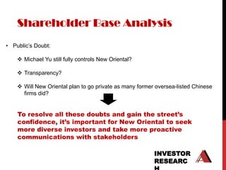 Shareholder Base Analysis
• Public‟s Doubt:

     Michael Yu still fully controls New Oriental?

     Transparency?

     Will New Oriental plan to go private as many former oversea-listed Chinese
      firms did?


    To resolve all these doubts and gain the street’s
    confidence, it’s important for New Oriental to seek
    more diverse investors and take more proactive
    communications with stakeholders

                                                         INVESTOR
                                                         RESEARC
 