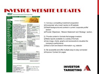 INVESTOR WEBSITE UPDATES

            1) Convey a compelling investment proposition
             Incorporate „why invest‟ section to IR website
             Detail background and context in current „corporate profile‟
              section
             Provide „Objectives‟, „Mission Statement‟ and „Strategy‟ section.

            2) Provide content in formats that engage investors
             Make reports available in a variety of formats
             Use image, charts, graphs and scorecards to visualize the
              company‟s performance
             Aids to Sort and Search Information- e.g. selector

            3) Be accessible and offer multiple ways to stay connected
             Improve „Contact Us‟ pages




                                       INVESTOR
                                       TARGETING
 