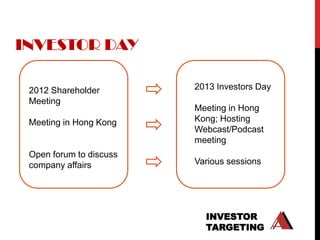 INVESTOR DAY

 2012 Shareholder        2013 Investors Day
 Meeting
                         Meeting in Hong
 Meeting in Hong Kong    Kong; Hosting
                         Webcast/Podcast
                         meeting
 Open forum to discuss
 company affairs         Various sessions




                           INVESTOR
                           TARGETING
 