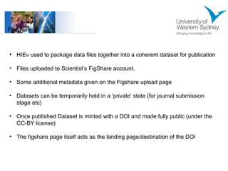 FigShare: 
• HIEv used to package data files together into a coherent dataset for publication 
• Files uploaded to Scientist’s FigShare account. 
• Some additional metadata given on the Figshare upload page 
• Datasets can be temporarily held in a ‘private’ state (for journal submission 
stage etc) 
• Once published Dataset is minted with a DOI and made fully public (under the 
CC-BY license) 
• The figshare page itself acts as the landing page/destination of the DOI 
 