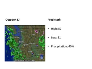 October 27   Predicted:

             • High: 57

             • Low: 51

             • Precipitation: 40%
 