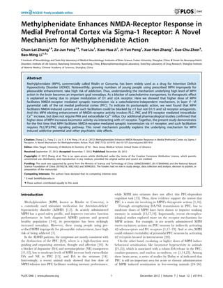 Methylphenidate Enhances NMDA-Receptor Response in
Medial Prefrontal Cortex via Sigma-1 Receptor: A Novel
Mechanism for Methylphenidate Action
Chun-Lei Zhang1., Ze-Jun Feng1., Yue Liu1, Xiao-Hua Ji1, Ji-Yun Peng1, Xue-Han Zhang1, Xue-Chu Zhen3,
Bao-Ming Li1,2*
1 Institute of Neurobiology and State Key laboratory of Medical Neurobiology, Institutes of Brain Science, Fudan University, Shanghai, China, 2 Center for Neuropsychiatric
Disorders, Institute of Life Science, Nanchang University, Nanchang, China, 3 Neuropharmacological Laboratory, State Key Laboratory of Drug Research, Shanghai Institute
of Materia Medica, Chinese Academy of Sciences, Shanghai, China

Abstract
Methylphenidate (MPH), commercially called Ritalin or Concerta, has been widely used as a drug for Attention Deficit
Hyperactivity Disorder (ADHD). Noteworthily, growing numbers of young people using prescribed MPH improperly for
pleasurable enhancement, take high risk of addiction. Thus, understanding the mechanism underlying high level of MPH
action in the brain becomes an important goal nowadays. As a blocker of catecholamine transporters, its therapeutic effect
is explained as being due to proper modulation of D1 and a2A receptor. Here we showed that higher dose of MPH
facilitates NMDA-receptor mediated synaptic transmission via a catecholamine-independent mechanism, in layer V,VI
pyramidal cells of the rat medial prefrontal cortex (PFC). To indicate its postsynaptic action, we next found that MPH
facilitates NMDA-induced current and such facilitation could be blocked by s1 but not D1/5 and a2 receptor antagonists.
And this MPH eliciting enhancement of NMDA-receptor activity involves PLC, PKC and IP3 receptor mediated intracellular
Ca2+ increase, but does not require PKA and extracellular Ca2+ influx. Our additional pharmacological studies confirmed that
higher dose of MPH increases locomotor activity via interacting with s1 receptor. Together, the present study demonstrates
for the first time that MPH facilitates NMDA-receptor mediated synaptic transmission via s1 receptor, and such facilitation
requires PLC/IP3/PKC signaling pathway. This novel mechanism possibly explains the underlying mechanism for MPH
induced addictive potential and other psychiatric side effects.
Citation: Zhang C-L, Feng Z-J, Liu Y, Ji X-H, Peng J-Y, et al. (2012) Methylphenidate Enhances NMDA-Receptor Response in Medial Prefrontal Cortex via Sigma-1
Receptor: A Novel Mechanism for Methylphenidate Action. PLoS ONE 7(12): e51910. doi:10.1371/journal.pone.0051910
Editor: Allan Siegel, University of Medicine & Dentistry of NJ - New Jersey Medical School, United States of America
Received September 27, 2012; Accepted November 7, 2012; Published December 20, 2012
Copyright: ß 2012 Zhang et al. This is an open-access article distributed under the terms of the Creative Commons Attribution License, which permits
unrestricted use, distribution, and reproduction in any medium, provided the original author and source are credited.
Funding: This work was supported by grants from the Ministry of Science and Technology of China (2006CB500807; 2011CBA00406) and the National Natural
Science Foundation of China (30700218, 30821002 and 30990263). The funders had no role in study design, data collection and analysis, decision to publish, or
preparation of the manuscript.
Competing Interests: The authors have declared that no competing interests exist.
* E-mail: bmli@fudan.edu.cn
. These authors contributed equally to this work.

while MPH into striatum does not affect this PFC-dependent
cognition task [15]. Thus, these evidence support the notion that
PFC is a main site involving in MPH’s therapeutic actions [1,16].
Through strengthening DA/NE transmission in PFC, low to
moderate doses of MPH have been shown to improve working
memory in animals [13,17,18]. Importantly, recent electrophysiological studies explored more on the receptor mechanisms for
MPH actions. For example, in vivo acutely administered MPH
exerts excitatory actions on PFC neurons by indirectly activating
a2-adrenoceptors and D1 receptors [1,17–19]. And in vitro, MPH
could enhance excitability of pyramidal PFC neurons by activating
a2 receptors located in interneurons [20].
On the other hand, escalating or higher doses of MPH induce
behavioral sensitization, like locomotor hyperactivity in animals
[21,22], which is associated with a robust DA release in the PFC,
caudate-putamen, and nucleus accumbens, etc [1,14,23]. Among
these brain areas, a series of studies by Dafny et al indicated that
PFC is still an important area for acute or chronic administration
of MPH induced sensitization in free-moving animals [24–26].

Introduction
Methylphenidate (MPH, known as Ritalin or Concerta), is
a commonly used stimulant medication for Attention-deficit/
hyperactivity disorder (ADHD) [1,2]. As acutely administered
MPH has a good safety profile, and improves executive function
performance in both diagnosed ADHD patients and general
healthy population [3–6], its prescription has been strikingly
increased nowadays. However, these young people using prescribed MPH improperly for pleasurable enhancement, have high
risk of being addicted [7].
In the ADHD patients, the symptoms are mostly consistent with
the dysfunction of the PFC [8,9], where is a high-function area
guiding and organizing attention, thought and affection [10]. As
a blocker of dopamine (DA) and norepinephrine (NE) transporters
[11,12], low to moderate levels of MPH increase both extracellular
DA and NE in PFC [13], and DA in the striatum [14].
Interestingly, a recent animal study showed that low dose of
MPH infusion into PFC facilitates working memory performance,

PLOS ONE | www.plosone.org

1

December 2012 | Volume 7 | Issue 12 | e51910

 