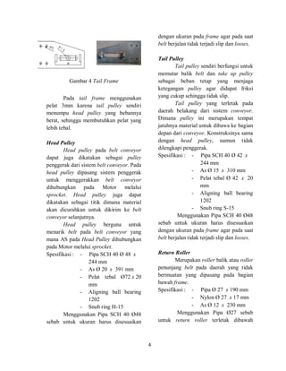 4
Gambar 4 Tail Frame
Pada tail frame menggunakan
pelat 3mm karena tail pulley sendiri
menumpu head pulley yang bebannya
berat, sehingga membutuhkan pelat yang
lebih tebal.
Head Pulley
Head pulley pada belt conveyor
dapat juga dikatakan sebagai pulley
penggerak dari sistem belt conveyor. Pada
head pulley dipasang sistem penggerak
untuk menggerakkan belt conveyor
dihubungkan pada Motor melalui
sprocket. Head pulley juga dapat
dikatakan sebagai titik dimana material
akan dicurahkan untuk dikirim ke belt
conveyor selanjutnya.
Head pulley berguna untuk
menarik belt pada belt conveyor yang
mana AS pada Head Pulley dihubungkan
pada Motor melalui sprocket.
Spesifikasi : - Pipa SCH 40 Ø 48 x
244 mm
- As Ø 20 x 391 mm
- Pelat tebal Ø72 x 20
mm
- Aligning ball bearing
1202
- Snub ring H-15
Menggunakan Pipa SCH 40 Ø48
sebab untuk ukuran harus disesuaikan
dengan ukuran pada frame agar pada saat
belt berjalan tidak terjadi slip dan losses.
Tail Pulley
Tail pulley sendiri berfungsi untuk
memutar balik belt dan take up pulley
sebagai beban tetap yang menjaga
ketegangan pulley agar didapat friksi
yang cukup sehingga tidak slip.
Tail pulley yang terletak pada
daerah belakang dari sistem conveyor.
Dimana pulley ini merupakan tempat
jatuhnya material untuk dibawa ke bagian
depan dari conveyor. Konstruksinya sama
dengan head pulley, namun tidak
dilengkapi penggerak.
Spesifikasi : - Pipa SCH 40 Ø 42 x
244 mm
- As Ø 15 x 310 mm
- Pelat tebal Ø 42 x 20
mm
- Aligning ball bearing
1202
- Snub ring S-15
Menggunakan Pipa SCH 40 Ø48
sebab untuk ukuran harus disesuaikan
dengan ukuran pada frame agar pada saat
belt berjalan tidak terjadi slip dan losses.
Return Roller
Merupakan roller balik atau roller
penunjang belt pada daerah yang tidak
bermuatan yang dipasang pada bagian
bawah frame.
Spesifikasi : - Pipa Ø 27 x 190 mm
- Nylon Ø 27 x 17 mm
- As Ø 12 x 230 mm
Menggunakan Pipa Ø27 sebab
untuk return roller terletak dibawah
 