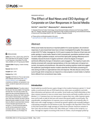 RESEARCH ARTICLE
The Effect of Bad News and CEO Apology of
Corporate on User Responses in Social Media
Hoh Kim1☯
, Jaram Park1☯
, Meeyoung Cha1
*, Jaeseung Jeong1,2
*
1 Graduate School of Culture Technology, Korea Advanced Institute of Science and Technology (KAIST),
305–701, Daejeon, Republic of Korea, 2 Department of Bio and Brain Engineering, Korea Advanced Institute
of Science and Technology (KAIST), 305–701, Daejeon, Republic of Korea
☯ These authors contributed equally to this work.
* jsjeong@kaist.ac.kr (JJ); meeyoungcha@kaist.edu (MC)
Abstract
While social media has become an important platform for social reputation, the emotional
responses of users toward bad news have not been investigated thoroughly. We analyzed
a total of 20,773 Twitter messages by 15,513 users to assess the influence of bad news and
public apology in social media. Based on both computerized, quantitative sentiment analy-
sis and in-depth qualitative analysis, we found that rapid public apology effectively and im-
mediately reduced the level of negative sentiment, where the degree of change in
sentiments differed by the type of interactions users engaged in. The majority of users who
directly conversed with corporate representatives on the new media were not typical con-
sumers, but experts and practitioners. We extend the existing cognitive model and suggest
the audiences’ psychological reaction model to describe the information processing pro-
cess during and after an organizational crisis and response. We also discuss various mea-
sures through which companies can respond to a crisis properly in social media in a fashion
that is different from conventional mass media.
Introduction
Social media has recently become a game changer in how modern businesses operate [1]. Social
media or social network sites are Web-based services, where users can publicly or privately
share information and opinions with one another. Social media users build relationship as they
share common interests or views on certain issues, from movies and books to politics and to ce-
lebrities [2,3]. Customers have ever more power to express their voice, while corporate reputa-
tions can be easily at stake by bad news and rumors that spread rapidly in social media. The
unpredictable, cascading feature of corporate crisis in social media is at its butterfly effect: It
likely starts with a single message in a network but spread to global-scale eventually leading to
a devastating consequence for the business at risk. One example is the Papa John’s Pizza Crisis
in 2012 that started with a single message on Twitter from a Korean-American customer in
New York, who was furious to find a note “lady chinky eyes” written on her receipt by a ca-
shier. Through her negative recounting of the event on Twitter, a local newspaper picked up
PLOS ONE | DOI:10.1371/journal.pone.0126358 May 7, 2015 1 / 21
a11111
OPEN ACCESS
Citation: Kim H, Park J, Cha M, Jeong J (2015) The
Effect of Bad News and CEO Apology of Corporate
on User Responses in Social Media. PLoS ONE
10(5): e0126358. doi:10.1371/journal.pone.0126358
Academic Editor: Rongrong Ji, Xiamen University,
CHINA
Received: March 20, 2014
Accepted: April 1, 2015
Published: May 7, 2015
Copyright: © 2015 Kim et al. This is an open access
article distributed under the terms of the Creative
Commons Attribution License, which permits
unrestricted use, distribution, and reproduction in any
medium, provided the original author and source are
credited.
Data Availability Statement: The authors made all
the data used in the study available in the Supporting
Information files. The numeric IDs included in the
dataset have been anonymized following the PLOS
ONE data policy. Adhering to the Twitter’s data policy,
the full content of individual tweets is not allowed to
share. Given these constraints, the authors made the
following information available to the public. The data
below are sufficient to study dissemination structures
of various information types discussed in the
manuscript. (1) The list of anonymized tweet IDs,
user IDs, and their posting times for the three
conversation types (i.e., bad news, apology, and
commentary information); (2) The linkage or the
 