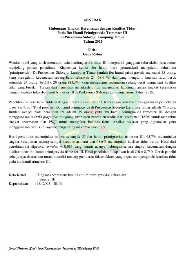 Hubungan Tingkat Kecemasan Dengan Kualitas Tidur Ibu Hamil Primigravi