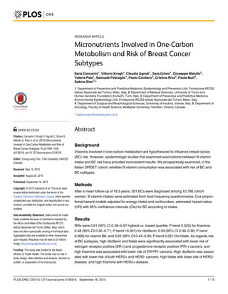 RESEARCH ARTICLE
Micronutrients Involved in One-Carbon
Metabolism and Risk of Breast Cancer
Subtypes
Ilaria Cancarini1
, Vittorio Krogh1
, Claudia Agnoli1
, Sara Grioni1
, Giuseppe Matullo2
,
Valeria Pala1
, Samuele Pedraglio1
, Paolo Contiero3
, Cristina Riva4
, Paola Muti5
,
Sabina Sieri1
*
1 Department of Preventive and Predictive Medicine, Epidemiology and Prevention Unit, Fondazione IRCSS
Istituto Nazionale dei Tumori, Milan, Italy, 2 Department of Medical Sciences, University of Torino and
Human Genetics Foundation (HuGeF), Turin, Italy, 3 Department of Preventive and Predictive Medicine,
Environmental Epidemiology Unit, Fondazione IRCSS Istituto Nazionale dei Tumori, Milan, Italy,
4 Department of Surgical and Morphological Sciences, University of Insubria, Varese, Italy, 5 Department of
Oncology, Faculty of Health Science, McMaster University, Hamilton, Ontario, Canada
* sabina.sieri@istitutotumori.mi.it
Abstract
Background
Vitamins involved in one-carbon metabolism are hypothesized to influence breast cancer
(BC) risk. However, epidemiologic studies that examined associations between B vitamin
intake and BC risk have provided inconsistent results. We prospectively examined, in the
Italian ORDET cohort, whether B vitamin consumption was associated with risk of BC and
BC subtypes.
Methods
After a mean follow-up of 16.5 years, 391 BCs were diagnosed among 10,786 cohort
women. B vitamin intakes were estimated from food frequency questionnaires. Cox propor-
tional hazard models adjusted for energy intake and confounders, estimated hazard ratios
(HR) with 95% confidence intervals (CIs) for BC according to intake.
Results
RRs were 0.61 (95% CI 0.38–0.97 highest vs. lowest quartile; P trend 0.025) for thiamine;
0.48 (95% CI 0.32–0.71; P trend <0.001) for riboflavin; 0.59 (95% CI 0.39–0.90; P trend
0.008) for vitamin B6, and 0.65 (95% CI 0.44–0.95; P trend 0.021) for folate. As regards risk
of BC subtypes, high riboflavin and folate were significantly associated with lower risk of
estrogen receptor positive (ER+) and progesterone receptor positive (PR+) cancers, and
high thiamine was associated with lower risk of ER-PR- cancers. High riboflavin was associ-
ated with lower risk of both HER2+ and HER2- cancers, high folate with lower risk of HER2-
disease, and high thiamine with HER2+ disease.
PLOS ONE | DOI:10.1371/journal.pone.0138318 September 16, 2015 1 / 15
OPEN ACCESS
Citation: Cancarini I, Krogh V, Agnoli C, Grioni S,
Matullo G, Pala V, et al. (2015) Micronutrients
Involved in One-Carbon Metabolism and Risk of
Breast Cancer Subtypes. PLoS ONE 10(9):
e0138318. doi:10.1371/journal.pone.0138318
Editor: Chung-Jung Chiu, Tufts University, UNITED
STATES
Received: May 14, 2015
Accepted: August 28, 2015
Published: September 16, 2015
Copyright: © 2015 Cancarini et al. This is an open
access article distributed under the terms of the
Creative Commons Attribution License, which permits
unrestricted use, distribution, and reproduction in any
medium, provided the original author and source are
credited.
Data Availability Statement: Data cannot be made
freely available because of restrictions imposed by
the ethics committee of the Fondazione IRCCS
Istituto Nazionale dei Tumori (Milan, Italy), which
does not allow open/public sharing of individual data.
Aggregated data are available to other researchers
upon request. Requests may be sent to Dr Vittorio
Krogh (vittorio.krogh@istitutotumori.mi.it).
Funding: This study was funded by the Italian
Ministry of Public Health. The funder had no role in
study design, data collection and analysis, decision to
publish, or preparation of the manuscript.
 
