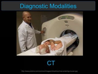 Diagnostic Modalities
http://www.protons.com/common/images/virtual-tour/man-entering-ct-scan.jpg
CT
 