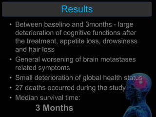 • Between baseline and 3months - large
deterioration of cognitive functions after
the treatment, appetite loss, drowsiness
and hair loss
• General worsening of brain metastases
related symptoms
• Small deterioration of global health status
• 27 deaths occurred during the study
• Median survival time:
Results
3 Months
 