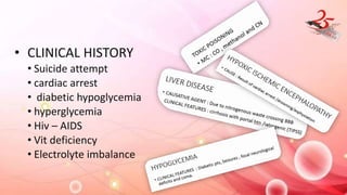 • CLINICAL HISTORY
• Suicide attempt
• cardiac arrest
• diabetic hypoglycemia
• hyperglycemia
• Hiv – AIDS
• Vit deficiency
• Electrolyte imbalance
 