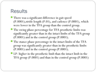 Results
There was a significant difference in gait speed
(P.0001),stride length (P.01), and cadence (P.0001), which
were lower in the TFA group than the control group.
The swing phase percentage for TFA prosthetic limbs was
significantly greater than in the intact limbs of the TFA group
(P.0001) and in the control group (P.0001).
The stance phase percentage in the intact limbs of the TFA
group was significantly greater than in the prosthetic limbs
(P.0001) and in the control group (P.0001).
LP- higher in the prosthetic limb than the intact limb in the
TFA group (P.0001) and than in the control group (P.0001)
 